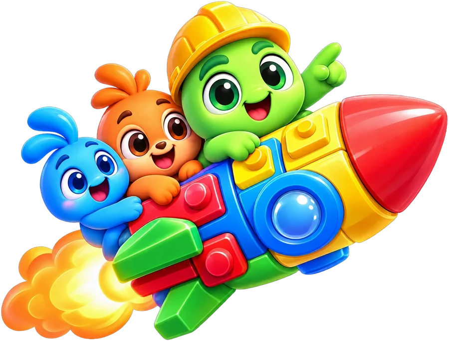 The three mascots riding a rocket built from toy bricks.