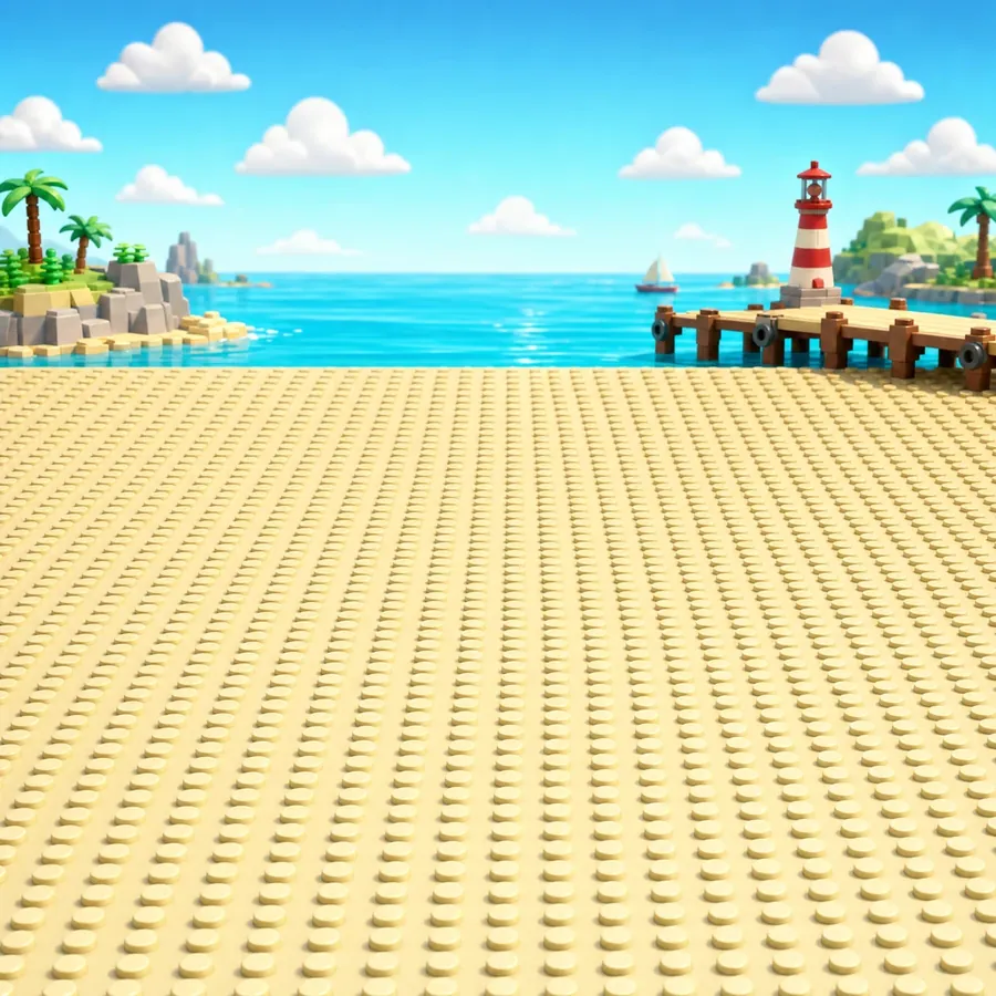 A sandy toy-brick harbor plaza beside a blue sea.