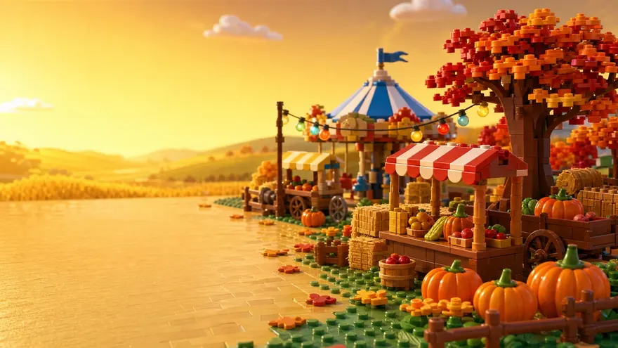 Harvest Fair: a toy-brick fairground under autumn trees.