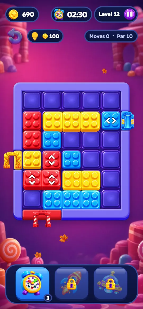 A level in play: red, yellow and blue blocks on a purple board with gates on its edges.