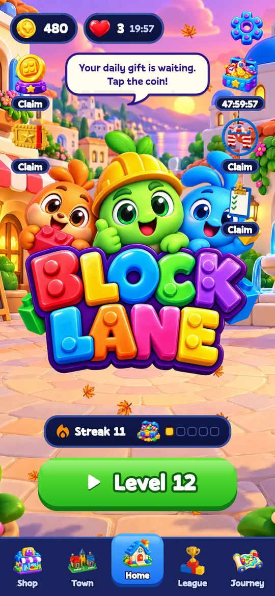 Block Lane home screen with the logo, three mascots and a green Level 1 button.