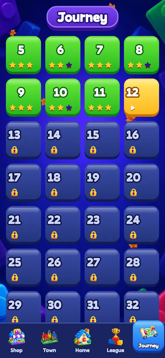 The journey map showing numbered level tiles with stars.