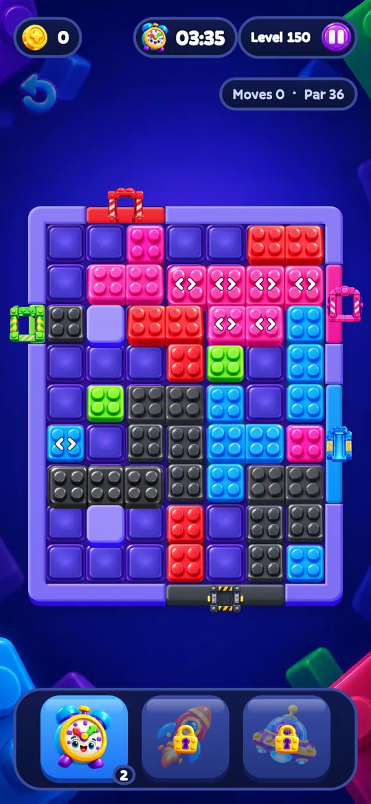 Level 150, a crowded board with arrow blocks and many colors.