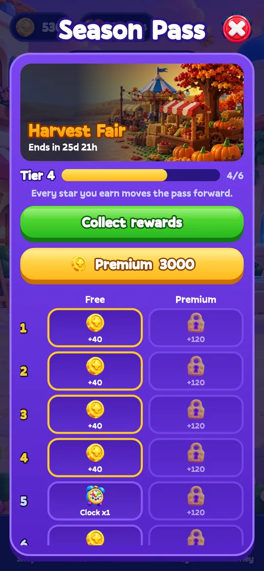 The season pass screen during the Harvest Fair season.