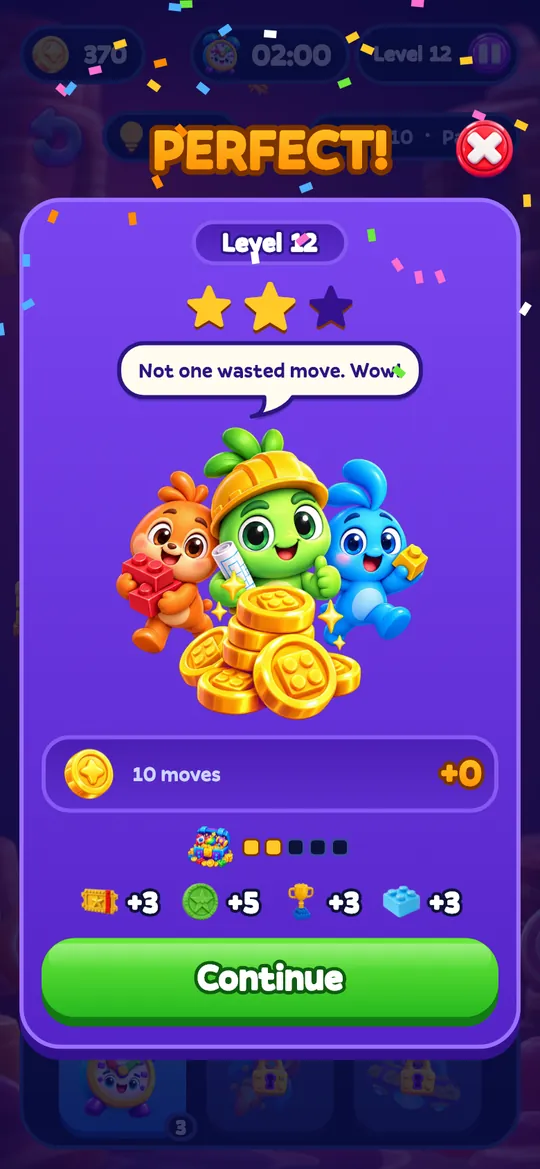 The win screen reads Perfect with stars, coins and cheering mascots.